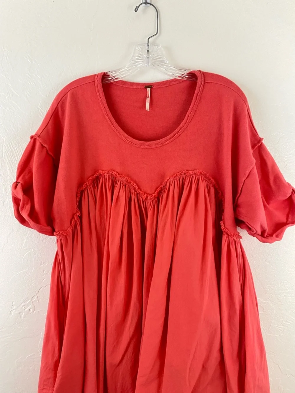 Free People Size Small Coral Orange Cotton Knit Short Sleeve Pleaded Mini Dress - Picture 2 of 5
